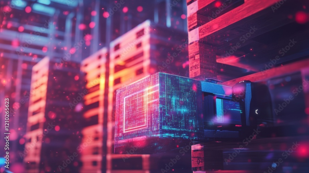 Fototapeta premium Futuristic robot using augmented reality and artificial intelligence is managing and transporting inventory inside a smart warehouse using cutting edge technology