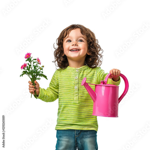 Child watering flowers in garden joyful nature scene png image outdoor bright and cheerful environment