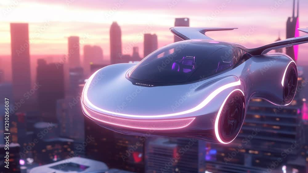 Flying car with neon lights soaring above a futuristic city skyline during sunset, symbolizing advanced technology and transportation of the future Flying car with neon lights soaring above a futuristic city skyline during sunset, symbolizing advanced technology and transportation of the future