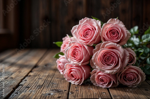 Elegant bouquet of pink roses on a rustic wooden table