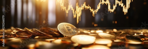 Bitcoin Coins in Piles with Stock Graph Background