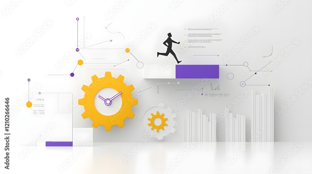 Obraz premium Dynamic Man Running Atop Gear Clock in Modern Vibrant Design Symbolizing Movement Technology and Progress