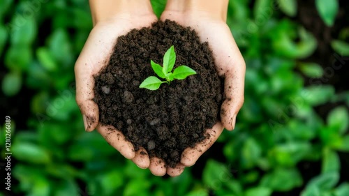 Hands holding soil with a young green sprout, symbolizing growth, nature, and environmental care