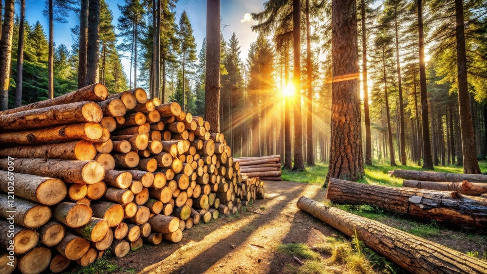 Golden Hour in the Forest  A Stack of Harvested Logs Basking in the Sunset's Rays
