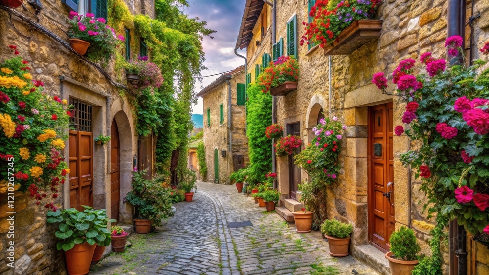 A narrow cobblestone street lined with historic buildings and adorned with colorful flowers and vines in the Italian countryside , architecture, vineyard A narrow cobblestone street lined with historic buildings and adorned with colorful flowers and vines in the Italian countryside , architecture, vineyard