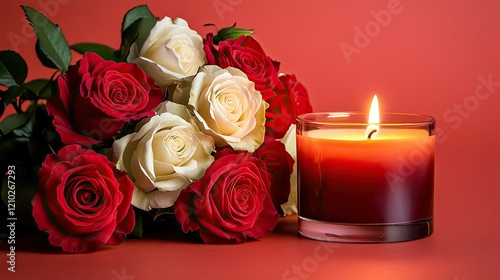 Serene arrangement of red and white roses next to a lit candle on a vibrant coral background, creating a warm and inviting mood.