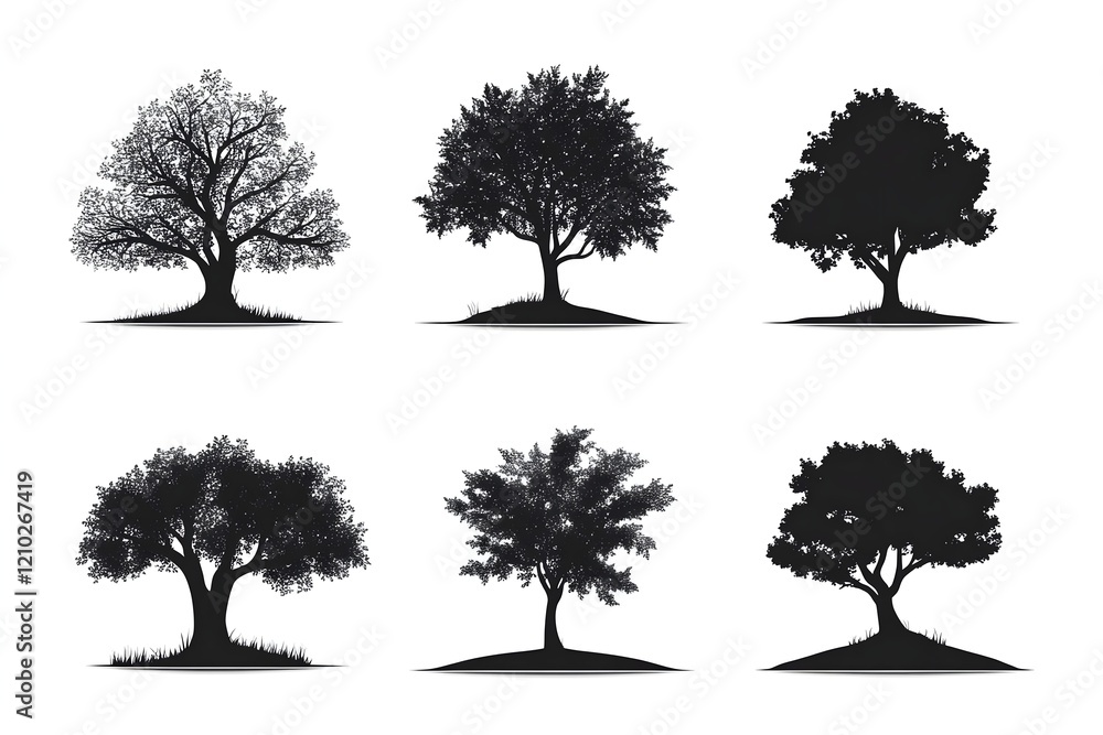 Fototapeta premium Set of tree and leaf collection hand drawn flat design vector element. botanical set of bare trees and ones with leaves and lush green. Illustration of Eucalyptus tree isolated on white