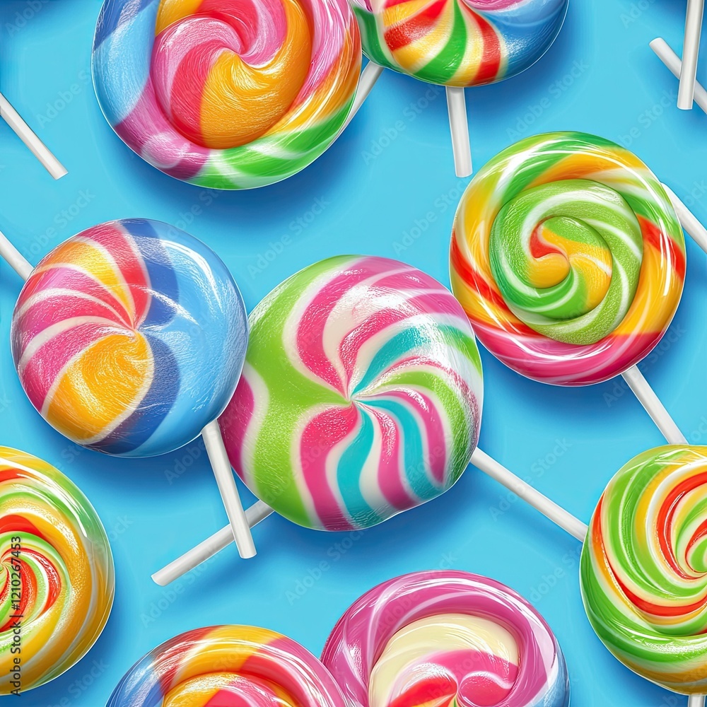 A seamless pattern of 3D lollipops with swirling rainbow designs and glossy sticks . Seamless abstract 3d pattern background A seamless pattern of 3D lollipops with swirling rainbow designs and glossy sticks . Seamless abstract 3d pattern background