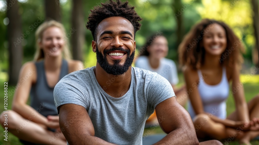 Happy Diverse Group of Friends Relaxing Outdoors in a Park Smiling Man in Focus Happy Diverse Group of Friends Relaxing Outdoors in a Park Smiling Man in Focus
