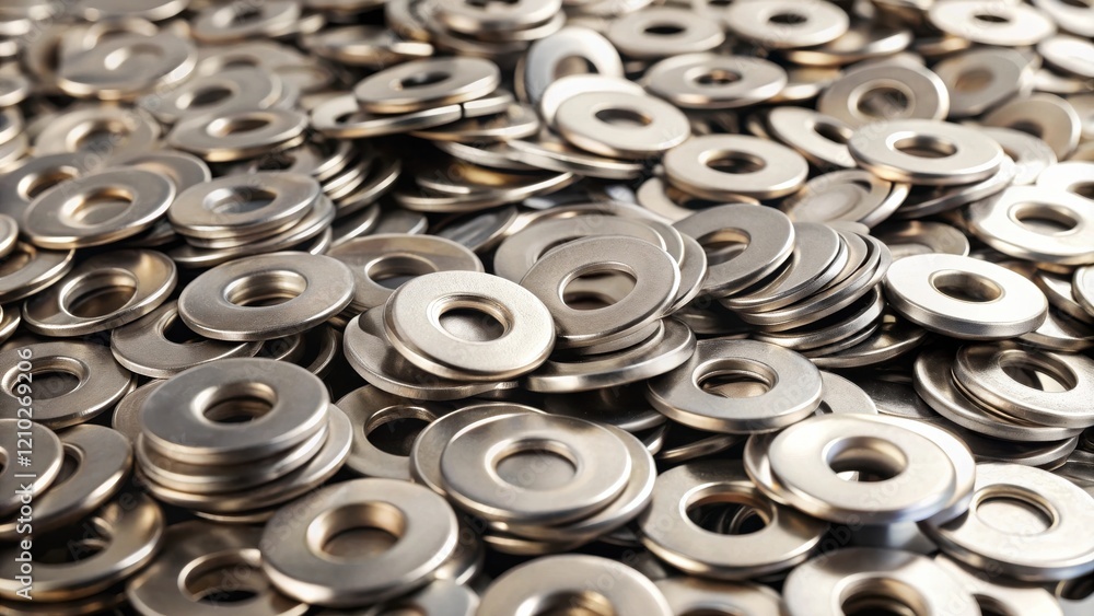 A large quantity of metallic washers, precisely manufactured, displayed in a dense arrangement, showcasing their uniform shape and reflective surface A large quantity of metallic washers, precisely manufactured, displayed in a dense arrangement, showcasing their uniform shape and reflective surface