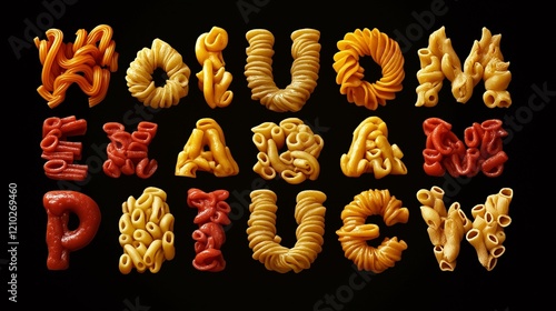 A full set of English alphabet letters made from macaroni and spaghetti, richly colored and sharply focused. Transparent background for easy integration. photo