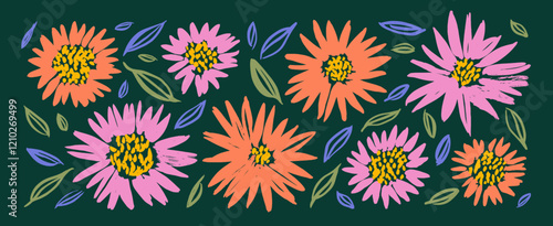 Brush drawn multi colored chrysanthemum or aster flowers icons. Dry brush style floral motives, sunflower heads with tiny leaves.