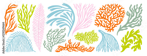 Aquarium, ocean and undersea seaweeds and corals icon set. Hand drawn minimal style branches and sea plants. Naive shapes curly seaweeds. Pastel colored kid style underwater plants. Funky fronds.