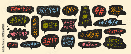 Crayon drawn punk style speech bubbles with abstract swear words.