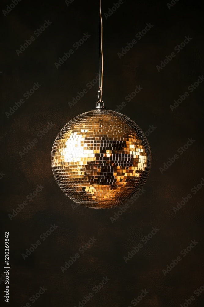 Obraz premium Golden Disco Ball Hanging Against a Dark Background