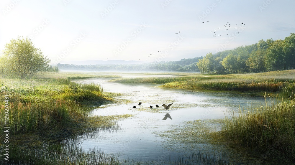 A river running through a wetland, filled with various bird species in their natural habitat. A river running through a wetland, filled with various bird species in their natural habitat.