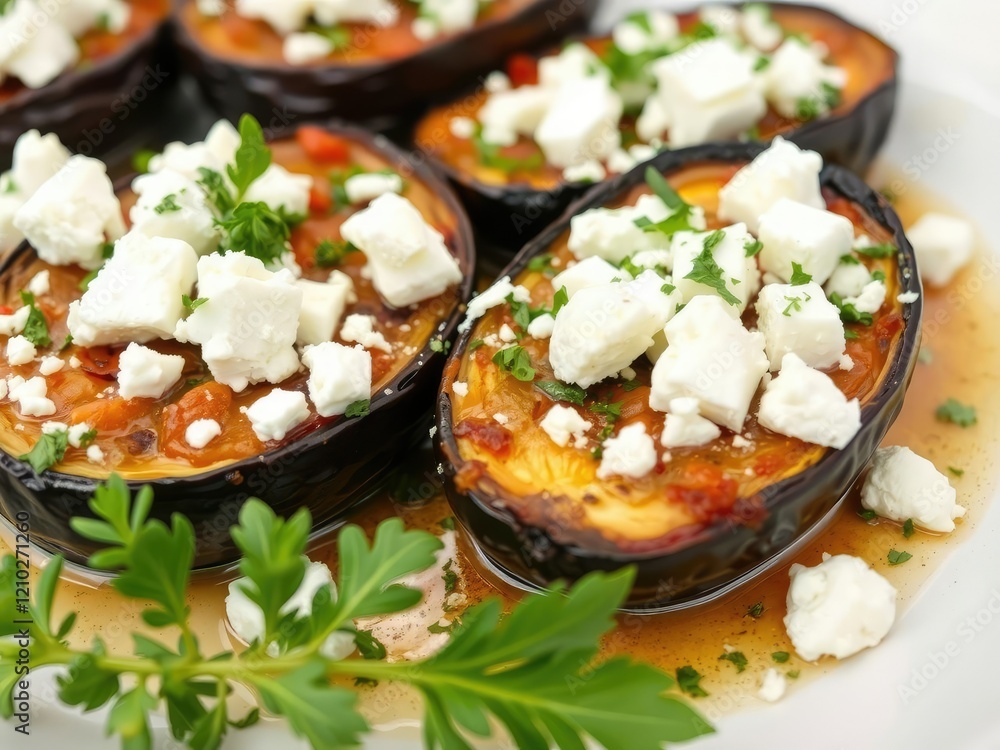 Baked eggplant topped with crumbled feta cheese and chopped oregano, cheese, Mediterranean Baked eggplant topped with crumbled feta cheese and chopped oregano, cheese, Mediterranean