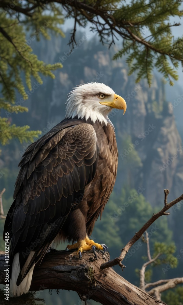 Bald eagle perched on a tree branch with its nictitating eyelid slightly visible, gazing out at the surrounding landscape, nictitating eyelid, perched, forest Bald eagle perched on a tree branch with its nictitating eyelid slightly visible, gazing out at the surrounding landscape, nictitating eyelid, perched, forest