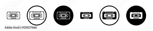 Cassette tape icon set in black filled and stroke line style.