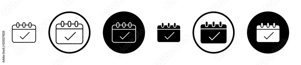 Check in calendar icon set in black filled and stroke line style. Check in calendar icon set in black filled and stroke line style.