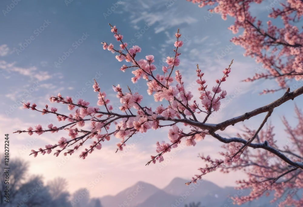 Bare cherry blossom branches against a frosty winter sky, snow, winter landscape, landscape Bare cherry blossom branches against a frosty winter sky, snow, winter landscape, landscape
