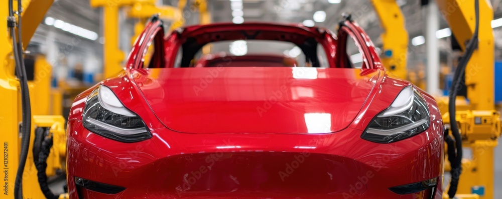 Fototapeta premium A vibrant red car is positioned in an assembly line, showcasing modern manufacturing processes in a high-tech automotive plant.