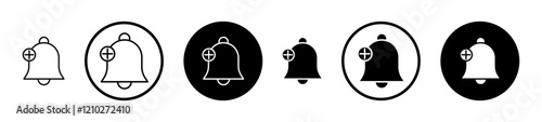 Cowbell circle plus icon set in black filled and stroke line style.