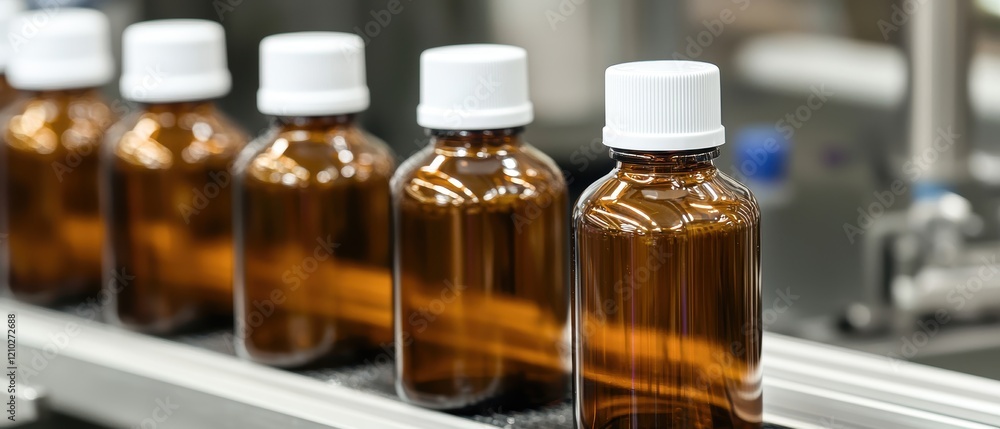 The image shows a row of brown glass bottles with white caps, likely used for pharmaceuticals or liquid products on a production line.