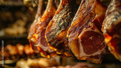 Close-up of traditionally cured ham legs hanging in a rustic market, showcasing rich textures and marbling, with a blurred background for depth. photo