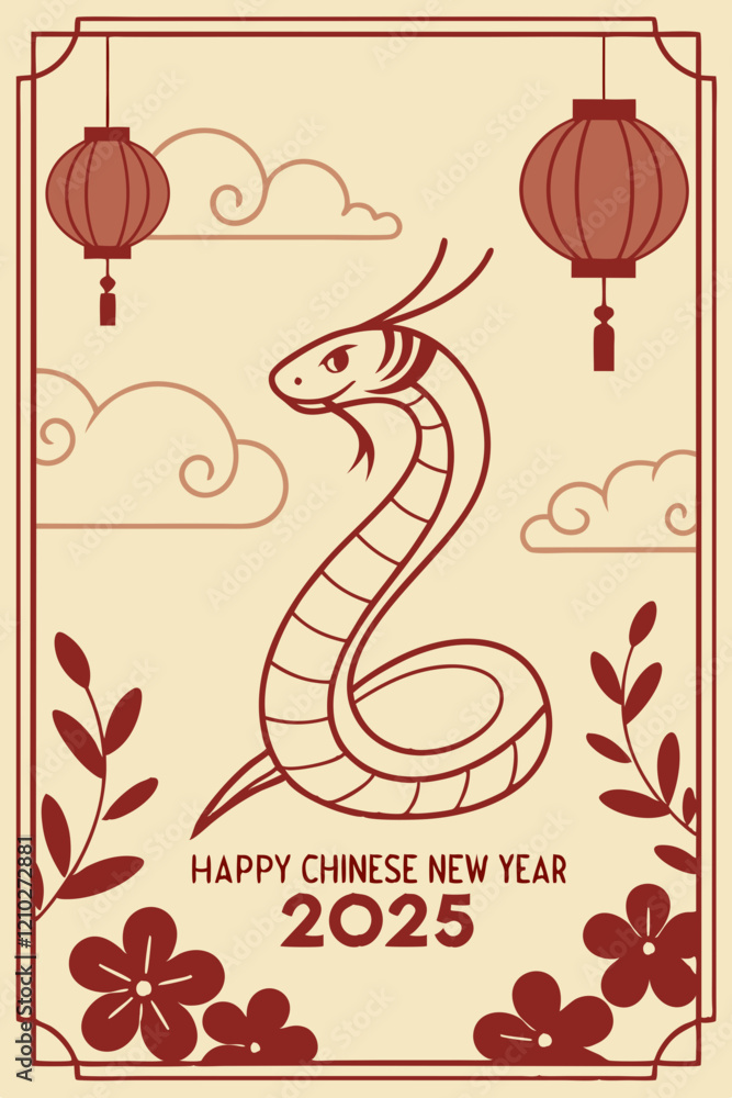 Obraz premium celebration of Chinese New Year 2025, highlighting the Year of the Snake. With bright colors and traditional elements like red lanterns and elegant snake motifs. Creaeted with generative AI.