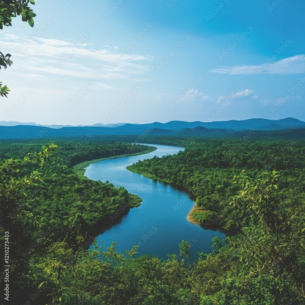 Winding River Through Dense Green Forest Winding River Through Dense Green Forest