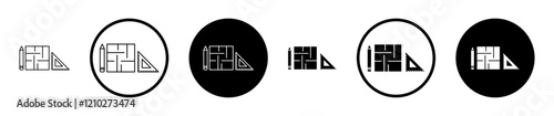 Floor plan icon set in black filled and stroke line style.
