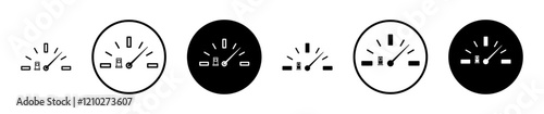Gauge icon set in black filled and stroke line style.