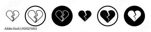 Heart Crack icon set in black filled and stroke line style.