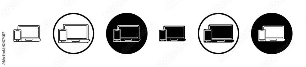Laptop and Mobile icon set in black filled and stroke line style. Laptop and Mobile icon set in black filled and stroke line style.
