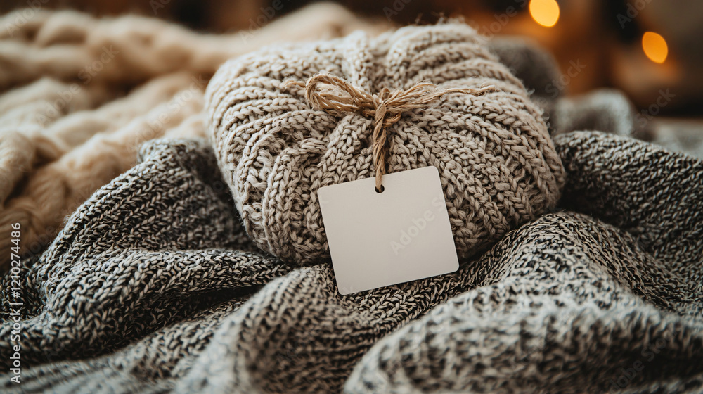 Fototapeta premium A blank white laundry label on a casual denim shirt, with the rugged texture of the fabric and visible stitching details creating contrast