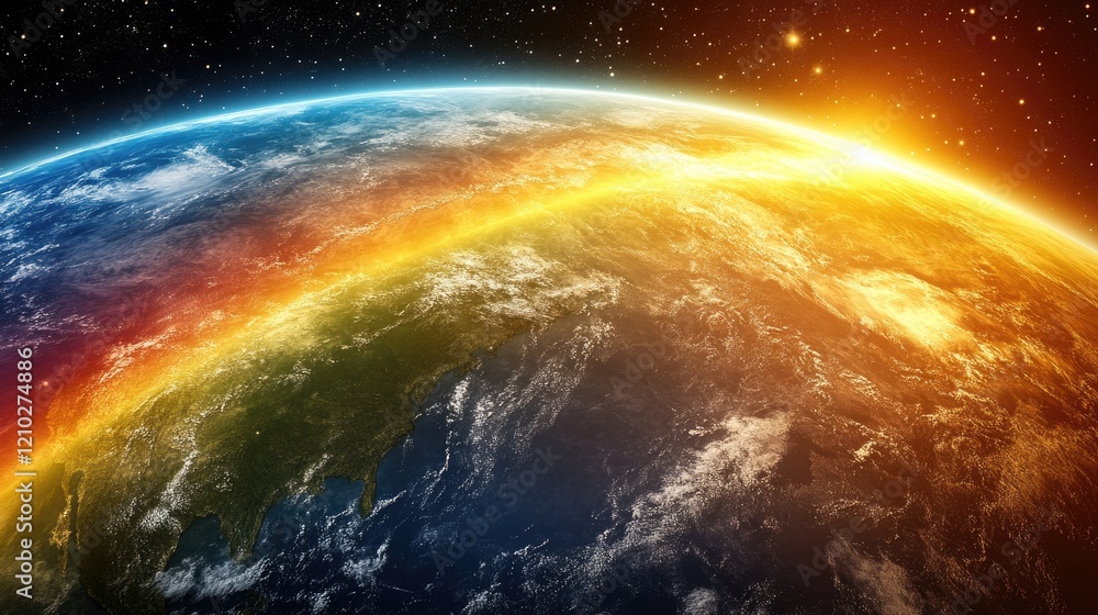 Fototapeta premium A futuristic view of a distant exoplanet with a colorful atmosphere and moons orbiting nearby.