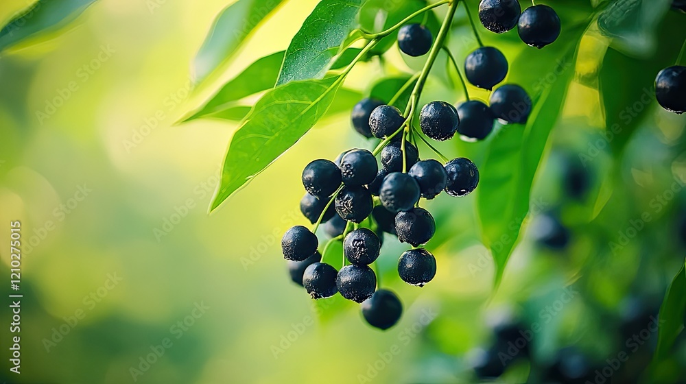 A branch of black pepper fruits hanging low, ready for harvest, with green leaves framing the scene. A branch of black pepper fruits hanging low, ready for harvest, with green leaves framing the scene.