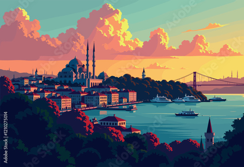 Istanbul Skyline with Mosque and Bosphorus at Sunset