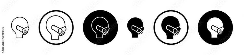 Person in mask icon set in black filled and stroke line style. Person in mask icon set in black filled and stroke line style.