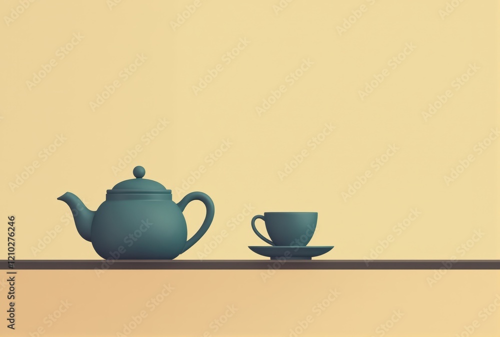 Teal Teapot, Cup, and Saucer on Shelf Teal Teapot, Cup, and Saucer on Shelf