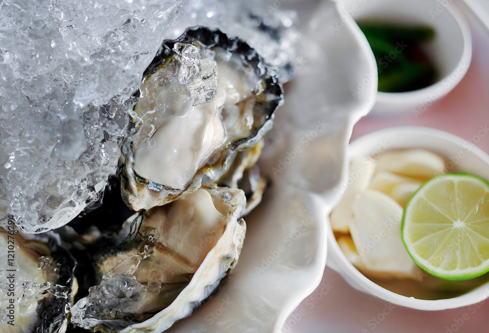 Fresh oysters on the half shell on ice with lime wedges and other side dishes, spicy Thai style, seafood meal from the sea, local food Fresh oysters on the half shell on ice with lime wedges and other side dishes, spicy Thai style, seafood meal from the sea, local food