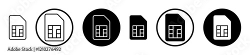 Sim card icon set in black filled and stroke line style.