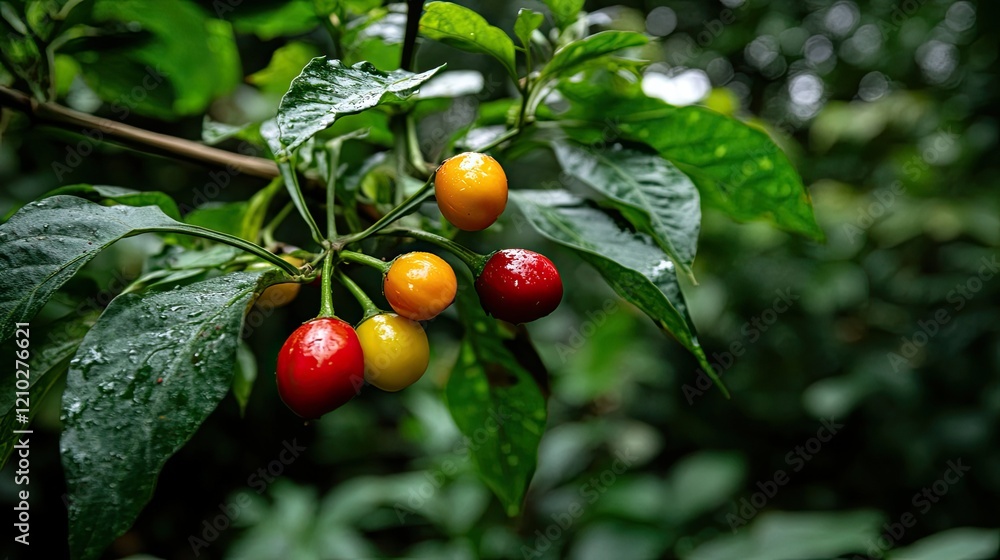 A close-up of ripe chili peppers on a branch with colorful fruits contrasting against lush green foliage. A close-up of ripe chili peppers on a branch with colorful fruits contrasting against lush green foliage.