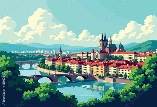 Prague Skyline with Charles Bridge and Gothic Cathedral