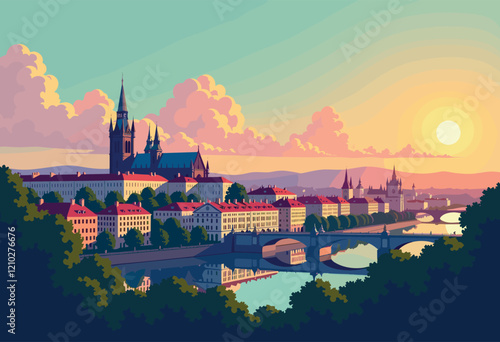 Prague Skyline with Charles Bridge and Gothic Cathedral