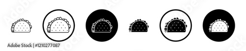 Taco icon set in black filled and stroke line style.