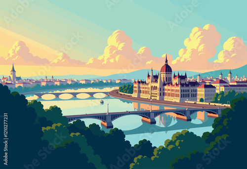 Hungarian Parliament and Chain Bridge Over the Danube