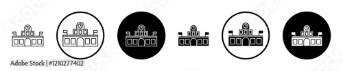 Train station building icon set in black filled and stroke line style.