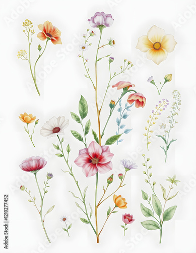 Watercolor collection of hand drawn flowers and herbs. Botanical plant illustration. Vintage medicinal herbs sketch set of ink hand drawn medical herbs and plants sketch, flat design, with white tones